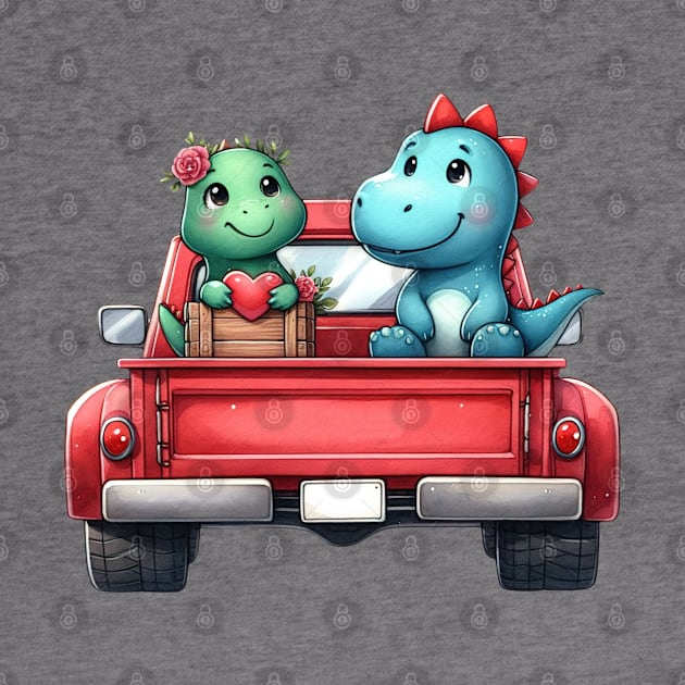 Valentine Dinosaur Couple Sitting On Truck by Chromatic Fusion Studio